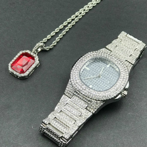 Luxury Gold hip hop jewelry stylish watch & Necklace Combo Set Watch Diamond Men hip hop chain necklace Iced Out Men Jewelry