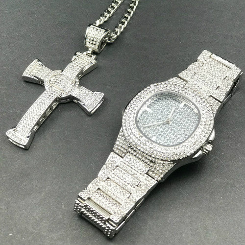 Luxury Gold hip hop jewelry stylish watch & Necklace Combo Set Watch Diamond Men hip hop chain necklace Iced Out Men Jewelry