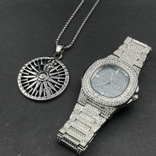 Luxury Gold hip hop jewelry stylish watch & Necklace Combo Set Watch Diamond Men hip hop chain necklace Iced Out Men Jewelry