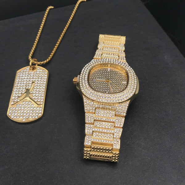 Luxury Gold hip hop jewelry stylish watch & Necklace Combo Set Watch Diamond Men hip hop chain necklace Iced Out Men Jewelry