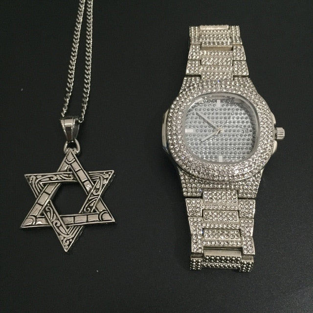 Luxury Gold hip hop jewelry stylish watch & Necklace Combo Set Watch Diamond Men hip hop chain necklace Iced Out Men Jewelry