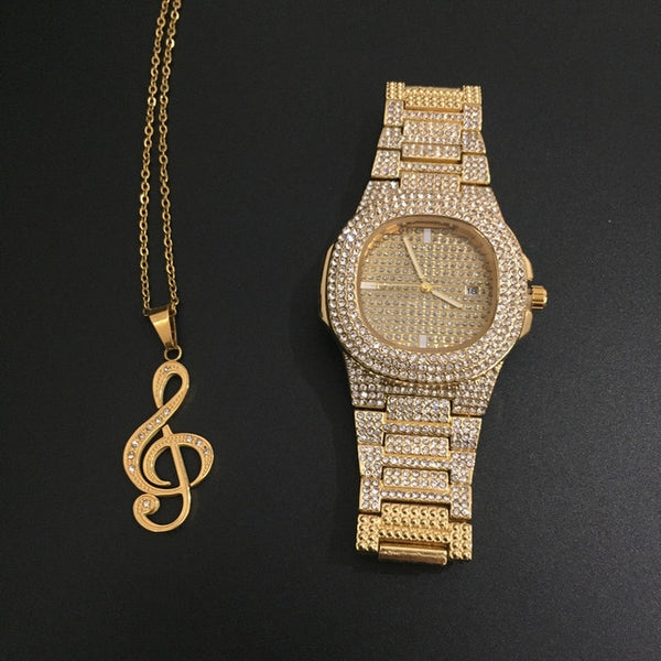 Luxury Gold hip hop jewelry stylish watch & Necklace Combo Set Watch Diamond Men hip hop chain necklace Iced Out Men Jewelry