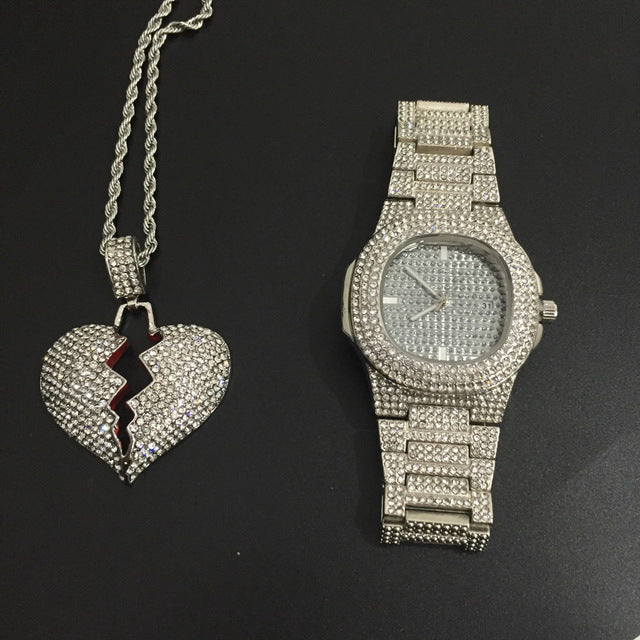 Luxury Gold hip hop jewelry stylish watch & Necklace Combo Set Watch Diamond Men hip hop chain necklace Iced Out Men Jewelry