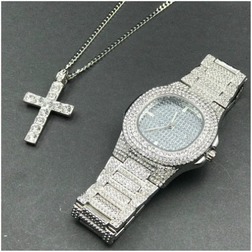 Luxury Gold hip hop jewelry stylish watch & Necklace Combo Set Watch Diamond Men hip hop chain necklace Iced Out  Men Jewelry