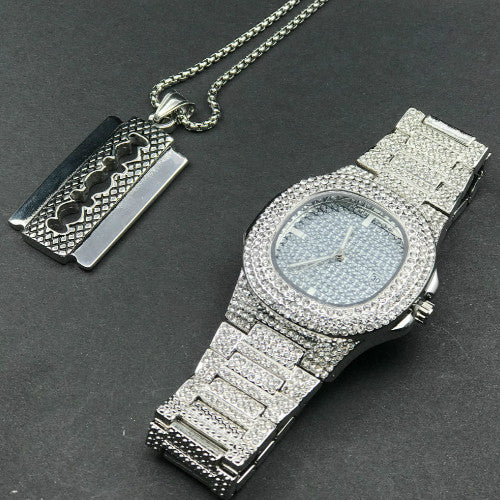 Luxury Gold hip hop jewelry stylish watch & Necklace Combo Set Watch Diamond Men hip hop chain necklace Iced Out  Men Jewelry
