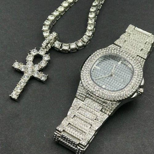 Luxury Gold hip hop jewelry stylish watch & Necklace Combo Set Watch Diamond Men hip hop chain necklace Iced Out  Men Jewelry