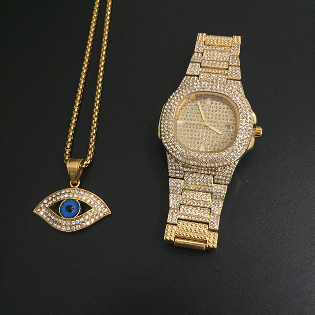 Luxury Gold hip hop jewelry stylish watch & Necklace Combo Set Watch Diamond Men hip hop chain necklace Iced Out  Men Jewelry