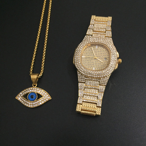 Luxury Gold hip hop jewelry stylish watch & Necklace Combo Set Watch Diamond Men hip hop chain necklace Iced Out  Men Jewelry