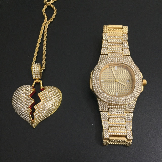 Luxury Gold hip hop jewelry stylish watch & Necklace Combo Set Watch Diamond Men hip hop chain necklace Iced Out  Men Jewelry