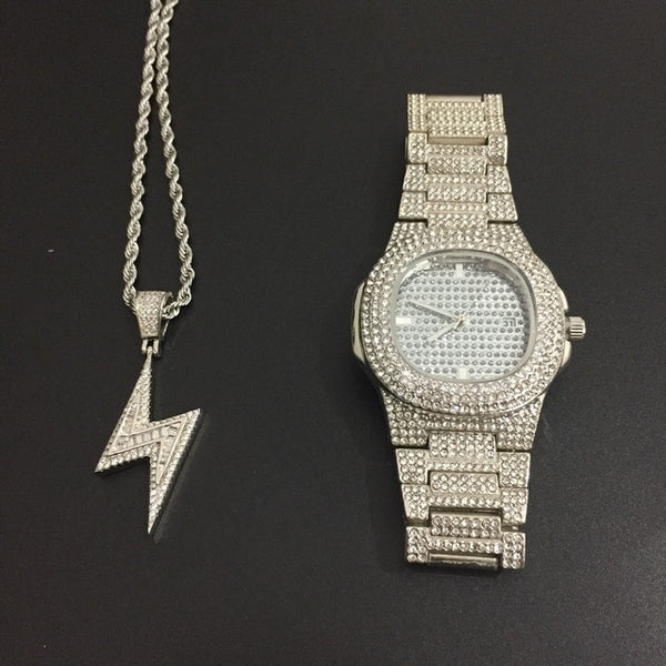 Luxury Gold hip hop jewelry stylish watch & Necklace Combo Set Watch Diamond Men hip hop chain necklace Iced Out  Men Jewelry