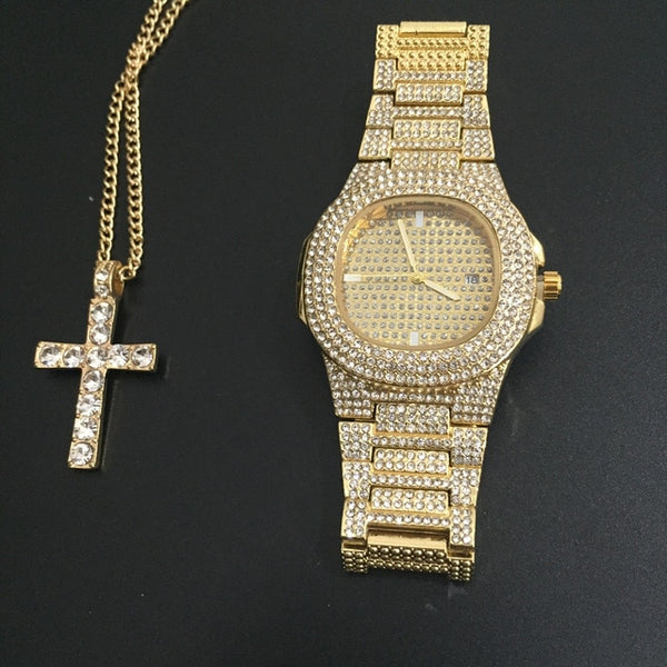 Luxury Gold hip hop jewelry stylish watch & Necklace Combo Set Watch Diamond Men hip hop chain necklace Iced Out  Men Jewelry
