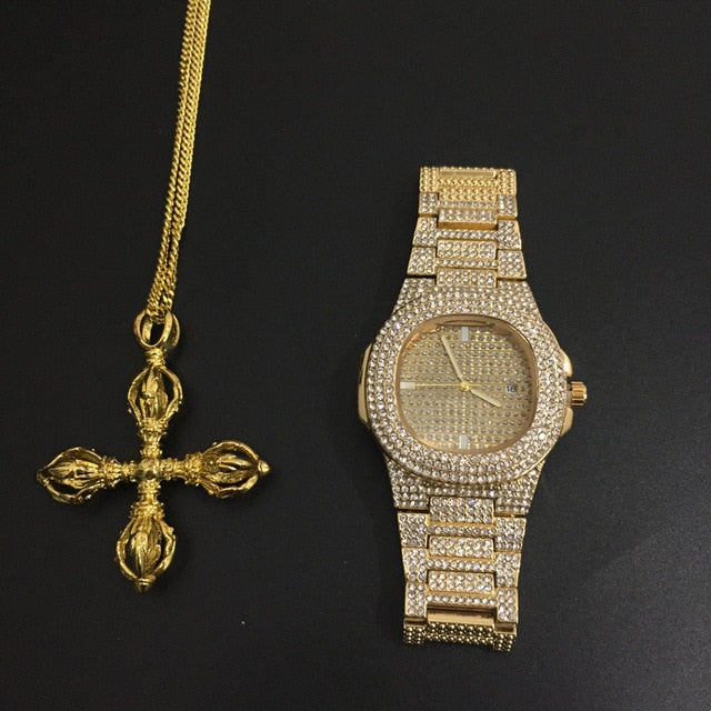 Luxury Gold hip hop jewelry stylish watch & Necklace Combo Set Watch Diamond Men hip hop chain necklace Iced Out  Men Jewelry