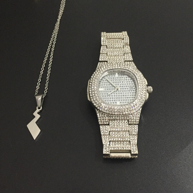 Luxury Gold hip hop jewelry stylish watch & Necklace Combo Set Watch Diamond Men hip hop chain necklace Iced Out  Men Jewelry
