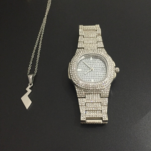 Luxury Gold hip hop jewelry stylish watch & Necklace Combo Set Watch Diamond Men hip hop chain necklace Iced Out  Men Jewelry